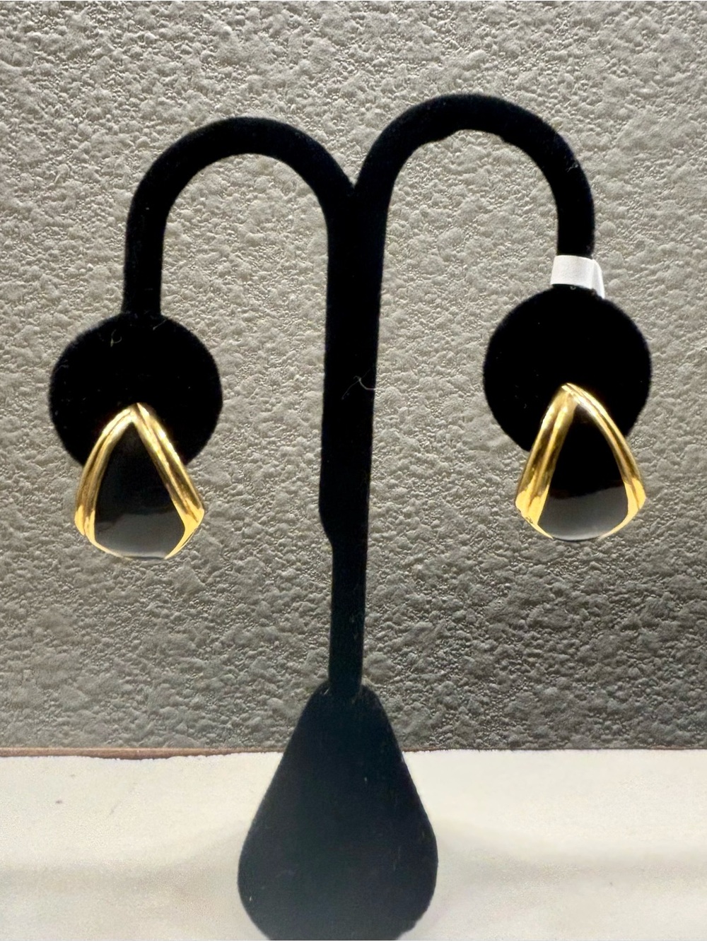 Vintage Monet Black Enamel and Gold Tone Geometric Clip on Earrings